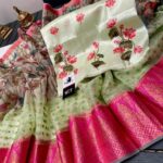 Organza Saree With Kalamkari Print Work in Full Saree With Benarasi Jori on Border With Kalamkari print on Bangalore Silk Blouse.