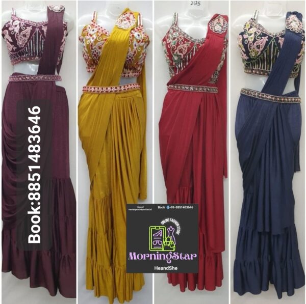 Ready to wear Marron Sharara Saree with belt with embroidered Blouse - Image 2
